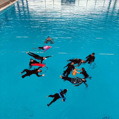 Rescue circle drill in the swimming pool