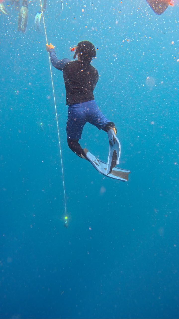 Freediver ascending the line in deep blue