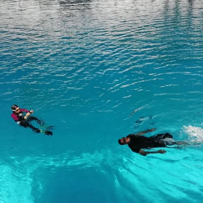 Swim pair gliding across clear water